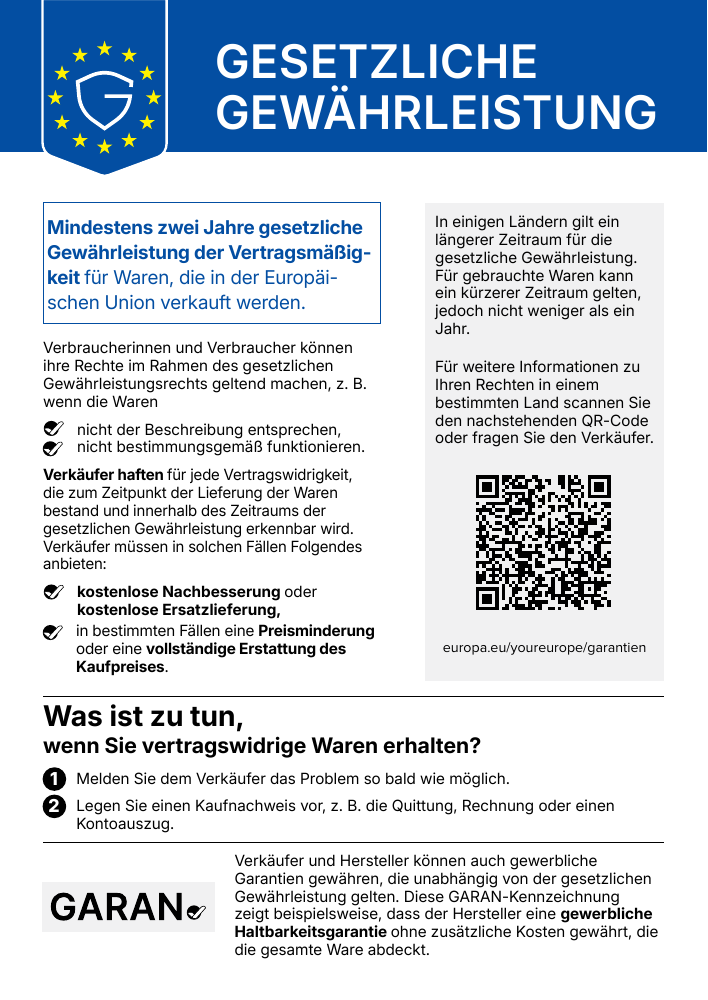 Offizielle EU-Mitteilung zur gesetzlichen Gewährleistung: mindestens zwei Jahre, Nachbesserung, Ersatzlieferung sowie in bestimmten Fällen Preisminderung oder Erstattung.