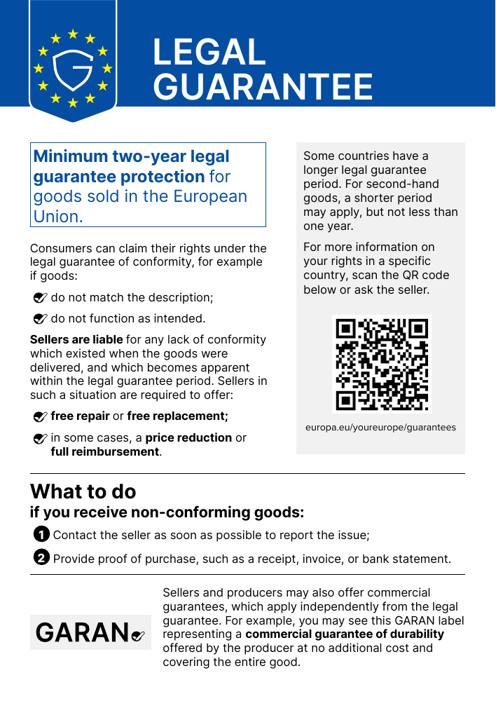 Official EU legal guarantee notice: at least two years, repair, replacement and, in certain cases, a price reduction or reimbursement.